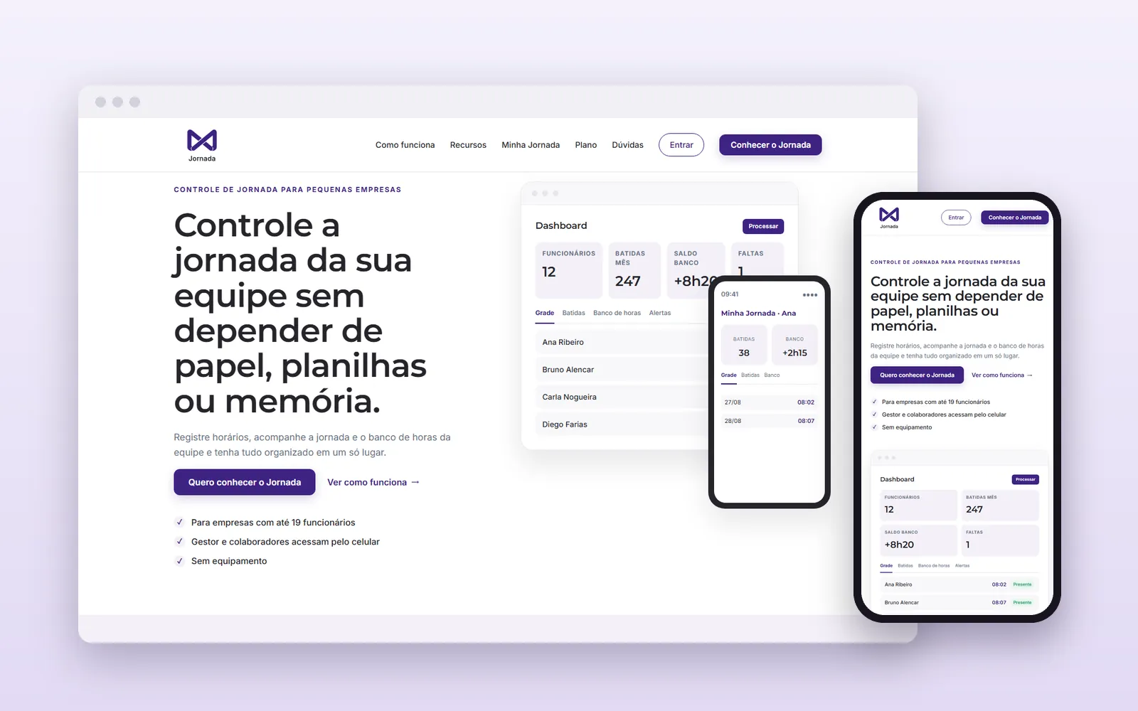 Jornada no computador e no celular, com painel de funcionários, registros do mês e saldo do banco de horas