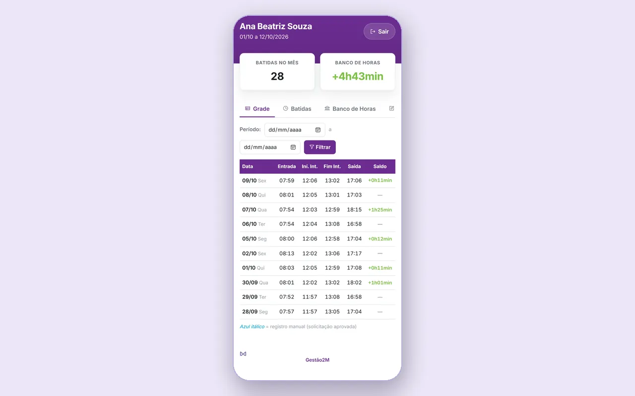 Jornada: a visão do funcionário no celular, com a grade de registros e o banco de horas